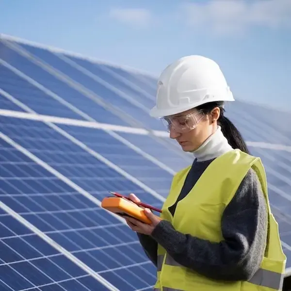 Technicienne contrôlant des panneaux solaires